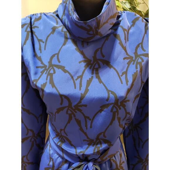 Vintage Caron Chicago Sheath Dress S Blue Patterned Cowl Neck Tie Waist Back Zip - Picture 10 of 12